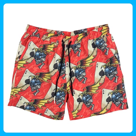 ...Lost Other - Lost Board Shorts‎ Mens Medium Red Polyester Cotton Skull Ace of Spades Graphic